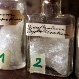 Menthol crystals in a vintage vial