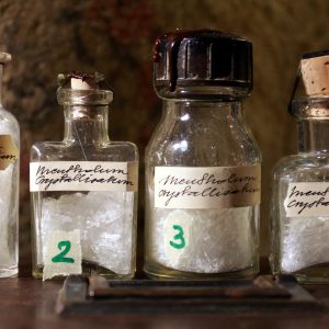 Menthol crystals in a vintage vial