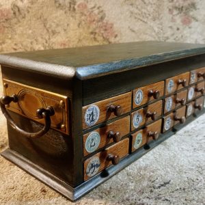 Science chest of drawers, vintage case with science equipment